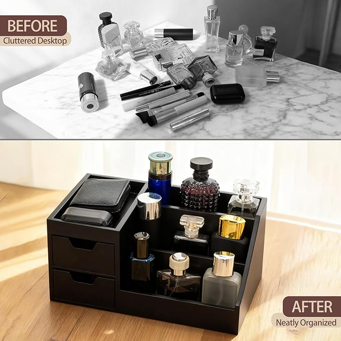 UUyuality Countertop Perfume & Makeup Organizer - Wooden Rack, Cologne Stand Shelves & Skincare Organizer for Bedroom Dresser, Organizador de Perfumes Estante para Perfumes (Middle, 01) (Black, 01)