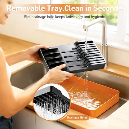 MAD SHARK 2-in-1 Detachable Knife Block & Silverware Organizer, Drawer Knife Holder for 10 Knives, BPA-Free, Blade-Safe Slots, Save Counter Space, Kitchen Drawer or Counter Storage, No Knives