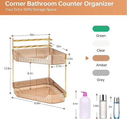 ZZWILLB Corner Bathroom Counter Organizer with Makeup Brush Holder & Toothbrush Holders, Makeup Organizer for Vanity Countertop, Acrylic Skincare Storage Shelf (Amber, 2-Tier)
