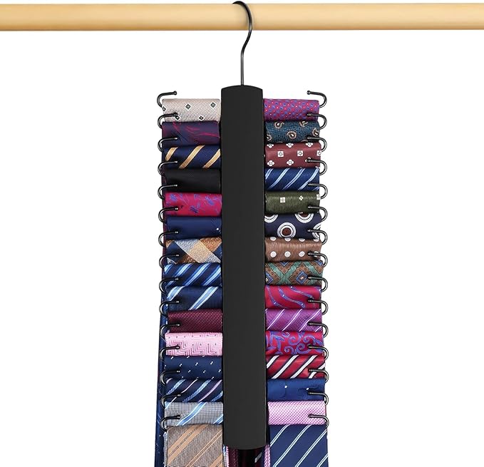 OMHOMETY 2 Pack Tie Rack, Wooden Tie Hanger for Men Closet, 60 Storage Capacity, Non-Slip Rotatable Tie Organizer, Closet Organizers and Storage, Black
