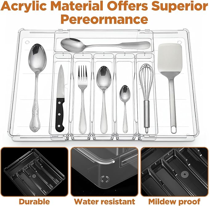 Expandable Utensil Drawer Organizer, Clear Plastic Silverware Tray for Drawers 9 Compartments Adjustable Non-Slip Drawer Storage Organizer forTableware, Knives, Forks, Spoons, Tools, Stationery