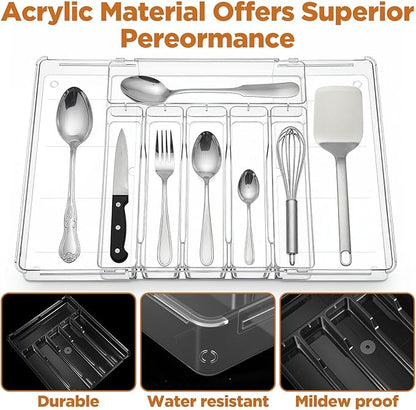 Expandable Utensil Drawer Organizer, Clear Plastic Silverware Tray for Drawers 9 Compartments Adjustable Non-Slip Drawer Storage Organizer forTableware, Knives, Forks, Spoons, Tools, Stationery