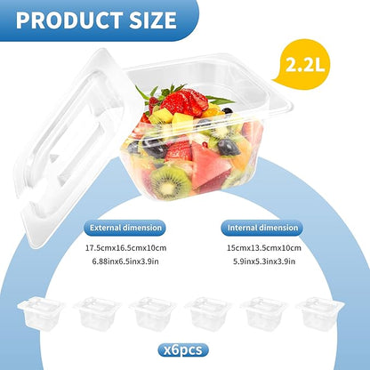 KEJJNYER 6 Pcs 4 inch Deep Plastic Food Pan with Lid 1/6 Size, Clear Food Storage Containers with lids, Restaurant Salad Bar Containers for Fruits Vegetables Beans Corns