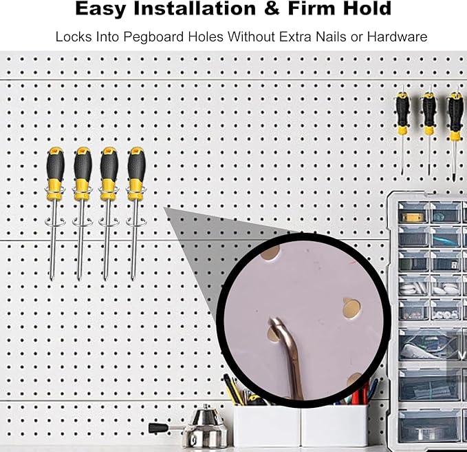 5Pcs Pegboard Screwdriver Holder Tool Organizers Double-Ring Peg Board Hang Tool Holders Hooks and Hangers for Screw Drivers Wrench Hammer Pliers Storage Accessories Wall Mount Tool Storage