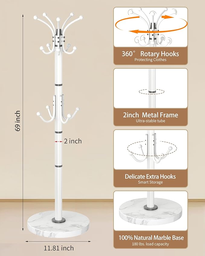 Modern Coat Rack Stand, 360° Rotary Metal Freestanding Coat Rack with Natural Marble Base, White Coat Racks and Coat Hanger Tree Jacket Stand with 14 Hooks for Office, Entryway, Hallway