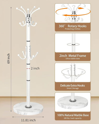 Modern Coat Rack Stand, 360° Rotary Metal Freestanding Coat Rack with Natural Marble Base, White Coat Racks and Coat Hanger Tree Jacket Stand with 14 Hooks for Office, Entryway, Hallway