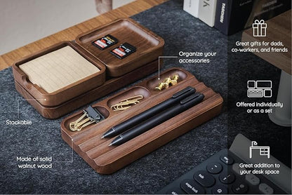 MUUJEE Engraved Wooden Desk Organization 4 Piece Set - for Desk Accessories Work Professional Office Teacher Dad Wood Tray Rustic Minimalist Organizer Pens Pencils Sticky Notes