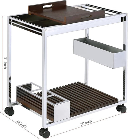 Lisses Chrome Finish Modern Bar Cart with Wood Shelves, Metal Frame, Wine Rack Storage, 30x16x31 Inch, Rolling Wheels, Walnut