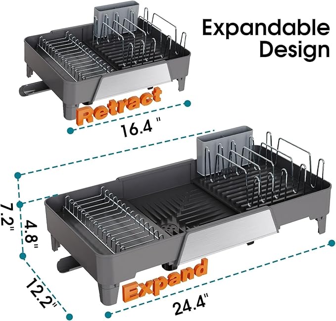 FOXHIVE Large Expandable Dish Drying Rack, Dish Racks for Kitchen Counter, Space Saving & Rust Resistant Dish Drainer with Removable Drainboard & Utensil Holder, Adjustable Length 16.4 to 24.4 Inches