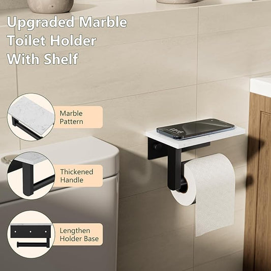 Marble Toilet Paper Holder with Shelf, Evolvegoods Matte Black Bathroom Toilet Paper Holder Wall Mount, 304 Stainless Steel Modern Toilet Paper Roll Holder Storage Tissue Holder