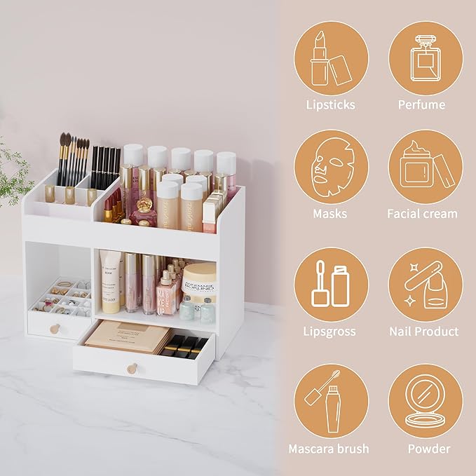 LONTAI Bamboo Makeup Organizer with Drawers, Cosmetic Storage for Lipstick Organizer Beauty Holder Skincare Organizer for Dresser Vanity Bathroom Countertop, No Assembly Required (White)