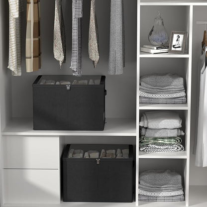 Shoe Organizer for Closet, 2 Pack Sturdy Shoe Storage Bins with Clear Cover, Fits 16-32 Pairs, Foldable Shoe Storage Box with Reinforced Handles (Black, 19.7 * 15.7 * 12.6in)