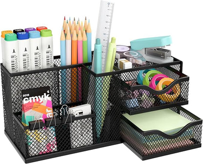 Mesh Desk Organizer, Pen Organizer with 2 Drawers and 5 Compartments, Versatile Pen Holder for Small Space, Desk Organizers and Accessories for School Office Supplies, Black