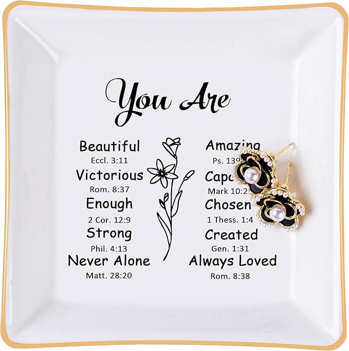 Piudee Christian Gifts for Women Trinket Dish Tray Jewelry Plate, Faith Religious Spiritual Gifts Bible Verse Gifts for Christian Teen Girls Birthday Christmas Inspirational Gift