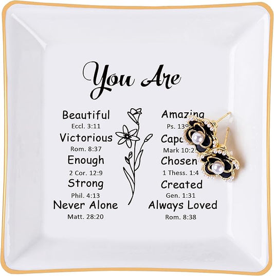 Piudee Christian Gifts for Women Trinket Dish Tray Jewelry Plate, Faith Religious Spiritual Gifts Bible Verse Gifts for Christian Teen Girls Birthday Christmas Inspirational Gift
