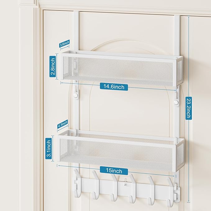Aimeaihe Over The Door Hooks Organizer, Over Door Storage with 12 Coat Hooks and 2 Mesh Basket, Bathroom Door Organizer Towel Rack Back of Door Hanger Organizer for Bedroom, Kitchen(White)