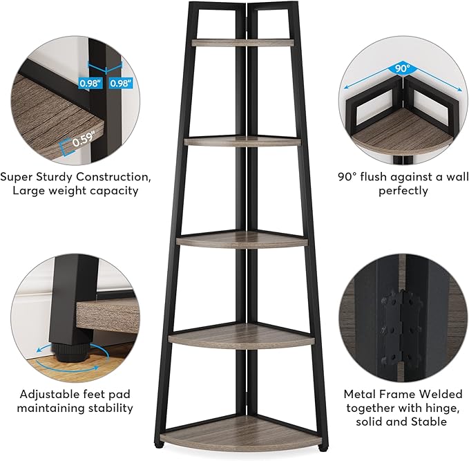 Tribesigns 70 inch Tall Corner Shelf, 5 Tier Industrial Corner Bookshelf Bookcase Industrial Corner Ladder Shelf Plant Stand for Living Room, Kitchen, Home Office (Grey)