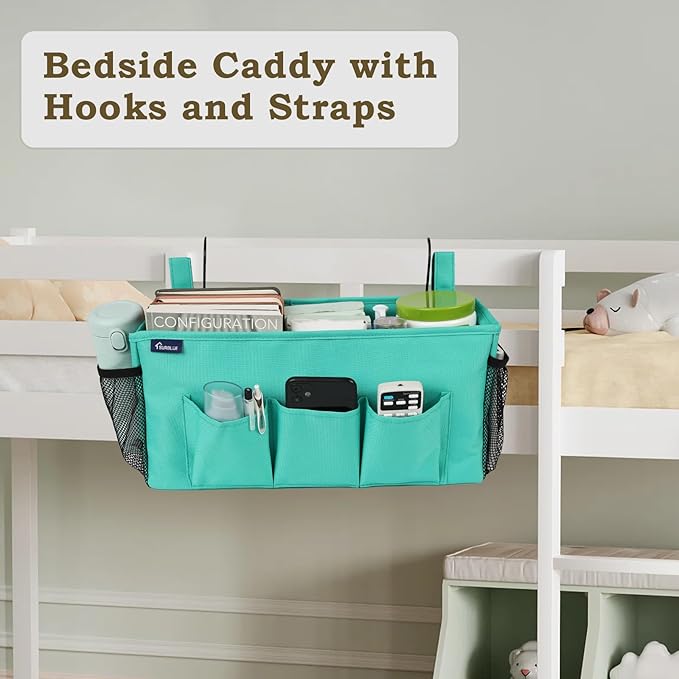 Surblue Bedside Organizer with Hook Hanging Storage Bag with Adjustable Strap and Water Bottle Holder for Home, College Dorm, Hospital Accessories, Crib Bed Rail, Green, 2PCS