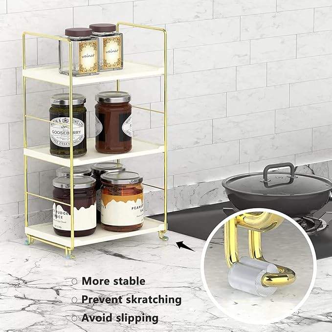 kaileyouxiangongsi 3-Tier Kitchen Spice Rack, Freestanding Stackable Organizer Shelf, Bathroom Countertop Storage Shelf, Cosmetic Organizer Holder, Square Standing Rack (Golden)