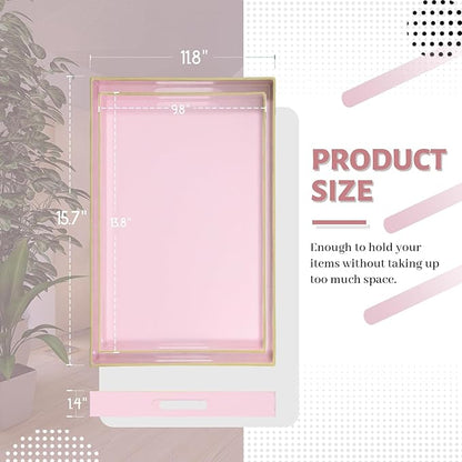 MAONAME Pink Serving Tray Set of 2, Plastic Decorative Trays with Handles, Rectangular Coffee Table Tray for Ottoman, Nesting Trays for Living Room, Bedroom
