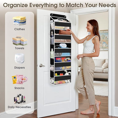 1 Pack Over The Door Organizer, Hanging Storage Organizer with Clear Window, 40lb Ultra Sturdy Large Capacity Room Organizer for Pantry Laundry Bathroom Nursery Closet (Black)