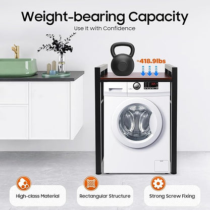 Over Washer and Dryer Shelves, Washer and Dryer Storage Shelf, Adjustable Laminate and Foot Pads Washing Machine Storage Rack for Kitchens Dressing Rooms (Black, Teak Color)