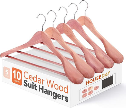 HOUSE DAY Wide Shoulder Cedar Hangers for Suits and Coats with Non Slip Pant Bar,360° Swivel Hook, Smooth Finish Cedar Wood Hangers for Closet, Closet Essentials, 10 Pack