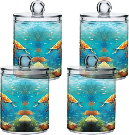 MNSRUU 2 Pack Qtip Holder Organizer Dispenser Sea Turtle Pink Bathroom Storage Canister Cotton Ball Holder Bathroom Containers for Cotton Swabs/Pads/Floss