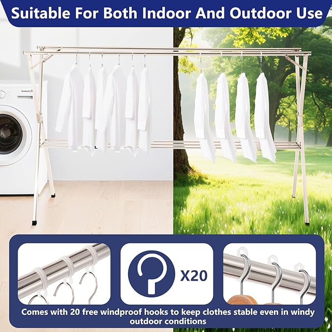 79 inches Foldable Clothes Drying Rack, Heavy Duty Stainless Steel Laundry Drying Rack for Indoor Outdoor, Clothes Rack Adjustable Length. 3 Additional Reinforcement Bars with 20 Windproof Hooks