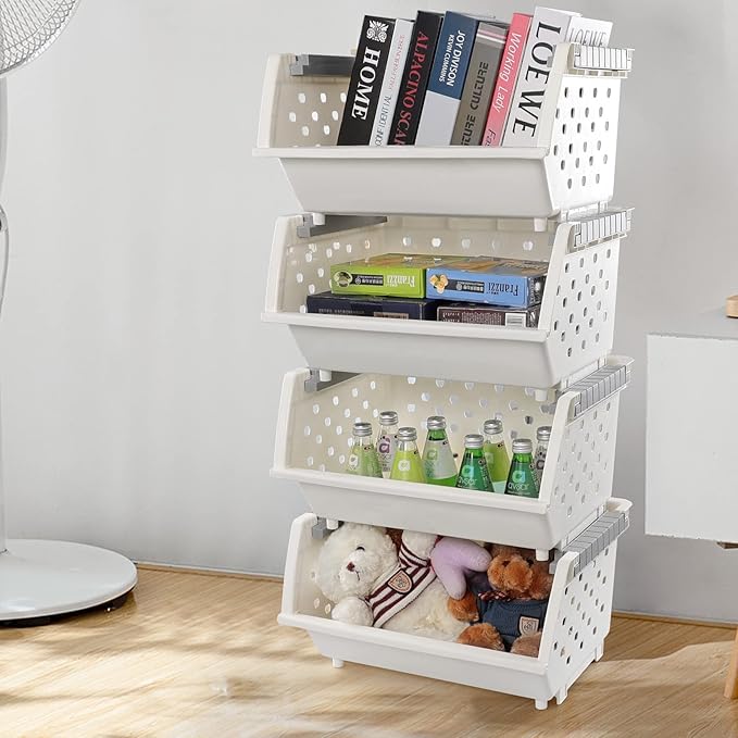 Bringer 4-Pack Plastic Stackable Storage Basket, Kitchen Stacking Organizer Basket, White