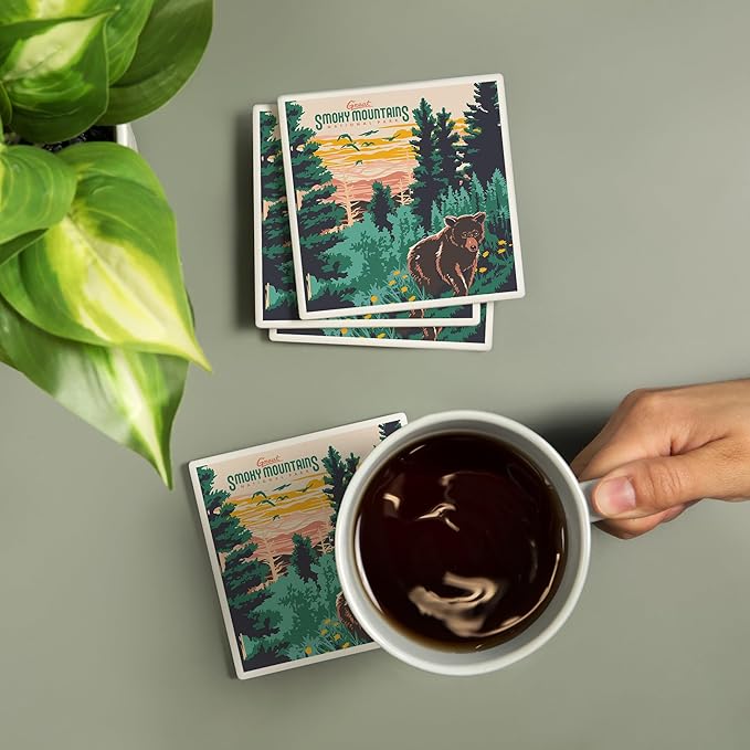 Lantern Press Great Smoky Mountains National Park, Explorer Series (Absorbent Ceramic Coasters Set of 4 Matching Images, Cork Back, Kitchen Table Decor)