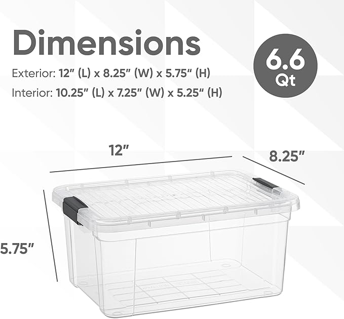 Superio Storage Bins with Lids- 8 Pack, 6.6 Qt Clear Boxes for Organizing, Stackable Plastic Containers- BPA Free, Non-Toxic, Odor Free, Organizer for Home, Office, Dorm