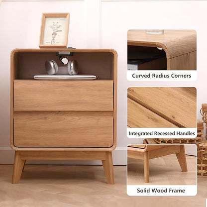 GlowVitaHome Nightstand, Wood Bedside Table with 2 Drawers and Open Storage Shelf, Accent End Table with Solid Wood Legs for Bedroom,Nature