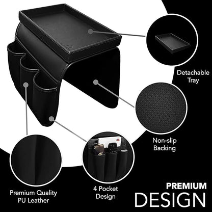 U NEATOPA Couch Remote Caddy Control Holder Sofa Organizer with Detachable Wooden Snack Tray for Recliner Mattresses Chair Armrests with 4 Slots - 1 Large Pockets and 3 Small Pockets (Black)