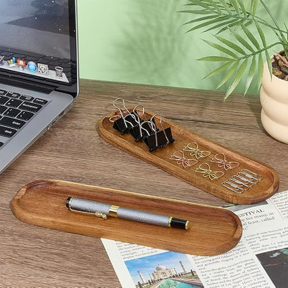OLYCRAFT 2Pcs Wooden Pen Tray Brown Pens Tray Minimalist Pen Rest Oval Wooden Pens Trays Acacia Wood Pencil Trays Wood Desk Accessories for Home Office Desk Workspace Organization Supplies