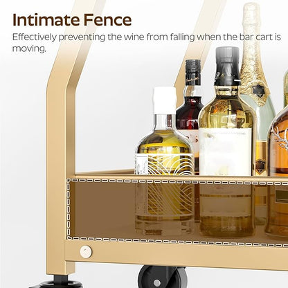 Bar Cart, Gold Bar Cart for The Home, Small Bar Cart on Wheels, Beverage Cart, Home Bar Serving Cart with Glass Holder, Drink Cart for Bar, Kitchen, Marble White and Gold BC03DW