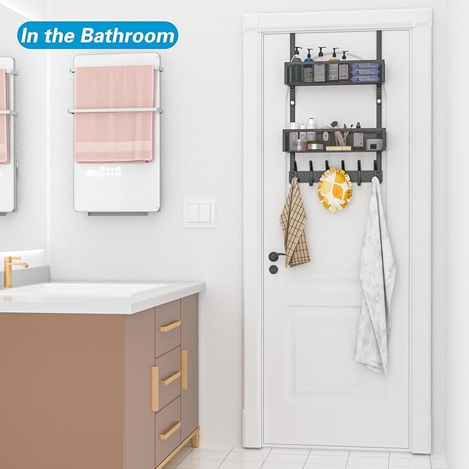 Aimeaihe Over The Door Hooks Organizer, Over The Door Towel Rack with 12 Coat Hooks and 2 Mesh Basket, Bathroom Door Organizer Back of Door Hanger Organizer for Bedroom, Kitchen(Black)