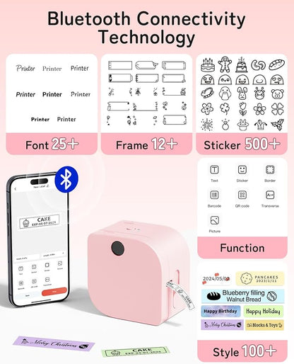 Phomemo Label Maker Machine with Tape, P12 Bluetooth Small Label Makers with Multiple Templates Ribbon Printer Machine for School, Name Tag, Home, Office, Kitchen, Gift Wrap, Pink