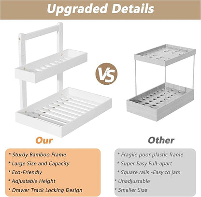 Bamboo Under Sink Organizer and Storage, 2 Tier Pull Out Cabinet Organizer, Slide Out Under Sink Storage Shelf, Undersink Organizers Shelves for Kitchen Bathroom Organization (White, 1 Pack)