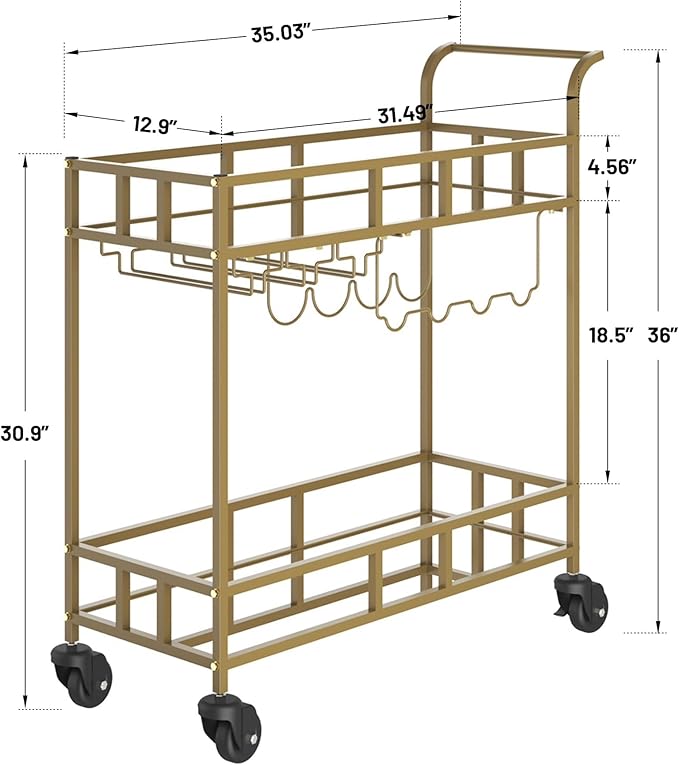 TrailBlaze Gold Mirrored 2-Tier Rolling Bar Cart – Beverage & Wine Service Trolley with 4 Bottle Racks & 3 Glass Holders – Compact Metal Design for Home, Kitchen, Dining, Living Room – 34x15x35in