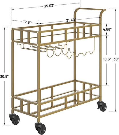 TrailBlaze Gold Mirrored 2-Tier Rolling Bar Cart – Beverage & Wine Service Trolley with 4 Bottle Racks & 3 Glass Holders – Compact Metal Design for Home, Kitchen, Dining, Living Room – 34x15x35in