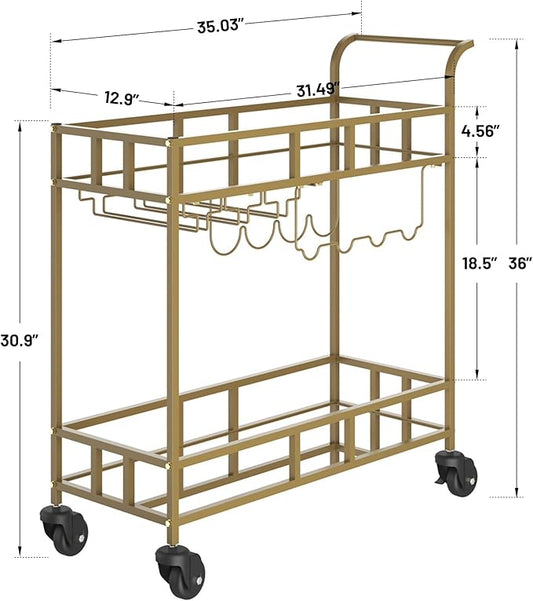 TrailBlaze Gold Mirrored 2-Tier Rolling Bar Cart – Beverage & Wine Service Trolley with 4 Bottle Racks & 3 Glass Holders – Compact Metal Design for Home, Kitchen, Dining, Living Room – 34x15x35in