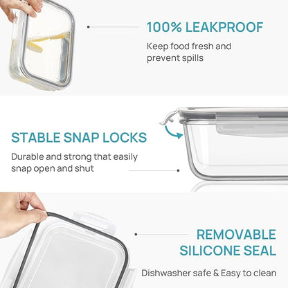 Vtopmart 2Pack 1860ml/63oz Large Glass Storage Containers with Lids, Meal Prep Food Container Set with Snap Airtight Lid for Baking, Microwave, Oven, Leak Proof, for Freezer, Dishwasher, Grey