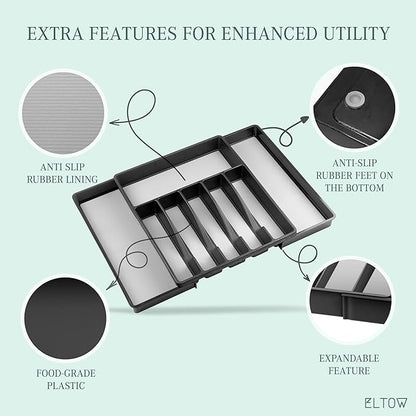 ELTOW Large Expandable Silverware Drawer Organizer, 8 Compartment Non-Slip & Adjustable Silverware Organizer for Drawer, Kitchen Organization for Utensils, Cutlery, Silverware Tray (Black)