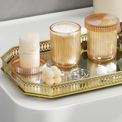 rejomiik Glass Qtip Holder Dispenser 2 Pack, Bathroom Canister Apothecary Jars with Lids, Vanity Makeup Accessories Storage Organizer for Cotton Swabs, Cotton Balls, Pads, Floss Picks, Amber