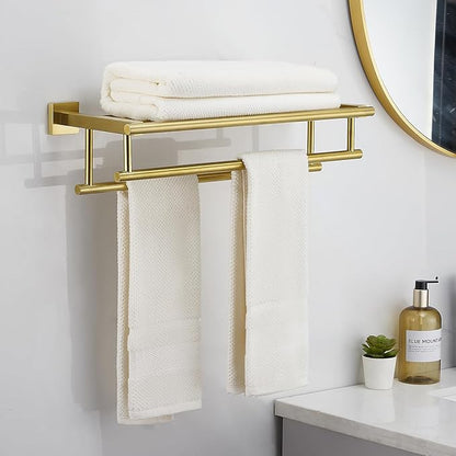 Bathroom Towel Rack 24 Inch Tower Holder with Double Towel Bar Brushed Gold Towel Rack Wall Mounted SUS304 Stainless Steel Hotel Towel Shelf Modern Towel Hanger