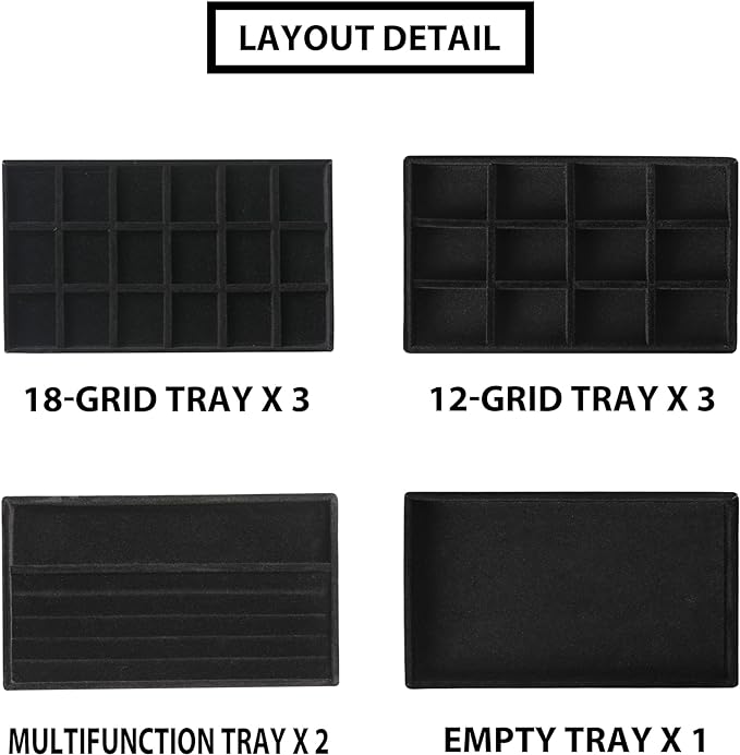 Frebeauty Jewelry Organizer Tray,Stackable Velvet Jewelry Trays,Drawer Inserts Earring Organizer For Women Jewelry Storage Display Case for Rings Stud Necklaces,Set of 9(Black)