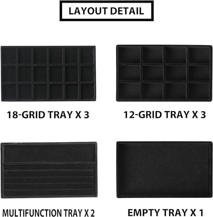 Frebeauty Jewelry Organizer Tray,Stackable Velvet Jewelry Trays,Drawer Inserts Earring Organizer For Women Jewelry Storage Display Case for Rings Stud Necklaces,Set of 9(Black)