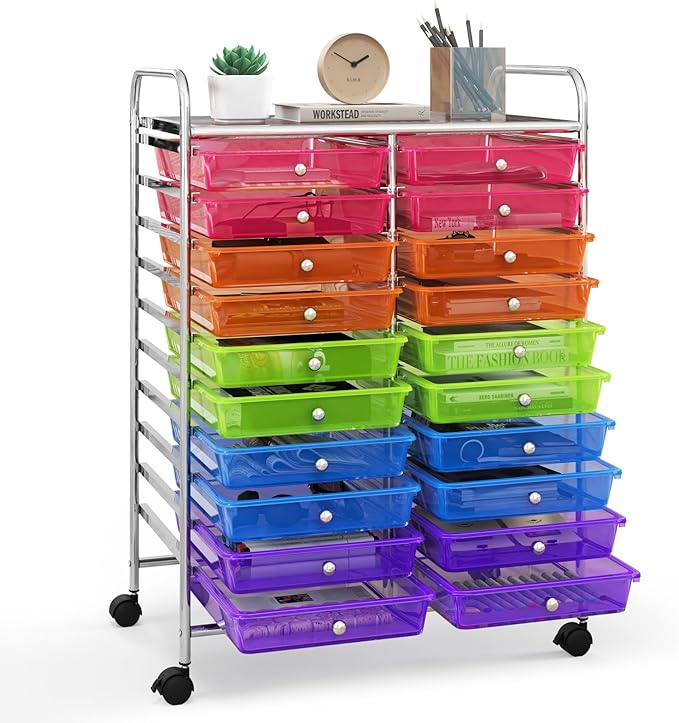 Rolling Cart with 20 Drawers, 20 Tiers Multicolor Trolley, Drawer Bin Carts with 2 Lockable Wheels, Adjustable File & Debris Organizer Cart, Rolling Storage Cart for Office, School, Home