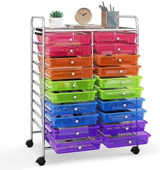 Rolling Cart with 20 Drawers, 20 Tiers Multicolor Trolley, Drawer Bin Carts with 2 Lockable Wheels, Adjustable File & Debris Organizer Cart, Rolling Storage Cart for Office, School, Home